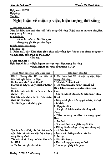 Giáo án Ngữ văn Lớp 9 - Tiết 99: Nghị luận về một sự việc, hiện tượng đời sống - Trường THCS ĐT Việt Hưng