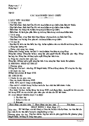 Giáo án Vật lý Lớp 12 - Chương III: Dòng điện xoay chiều - Tiết 25, Bài 13: Các mạch điện xoay chiều