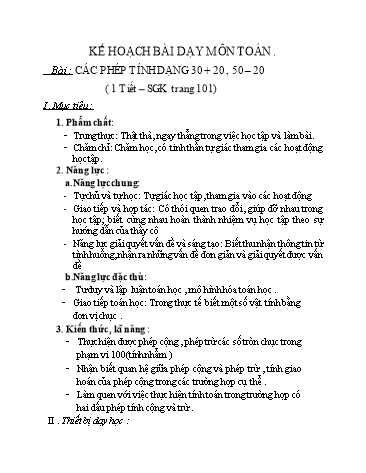 Giáo án Toán Lớp 1 (Chân trời sáng tạo) - Chủ đề 5, Bài: Các phép tính dạng 30 + 20, 50 - 20