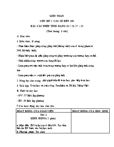 Giáo án Toán Lớp 1 (Chân trời sáng tạo) - Chủ đề 5, Bài: Các phép tính dạng 34 + 23, 57 - 23