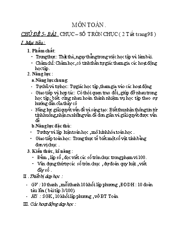 Giáo án Toán Lớp 1 (Chân trời sáng tạo) - Chủ đề 5, Bài: Chục-Số tròn chục