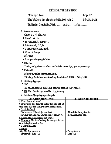 Giáo án Toán Lớp 2 (Chân trời sáng tạo) - Tuần 1, Bài: Ôn tập các số đến 100 (Tiết 2)
