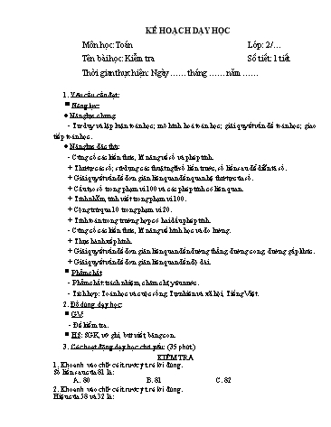 Giáo án Toán Lớp 2 (Chân trời sáng tạo) - Tuần 11, Bài: Kiểm tra