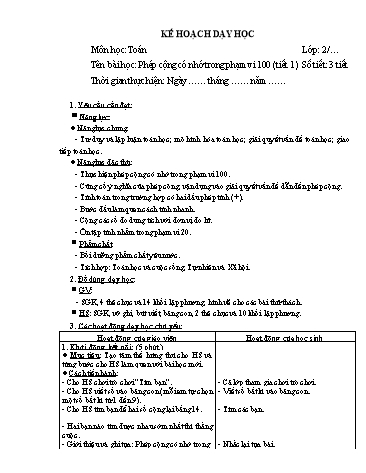 Giáo án Toán Lớp 2 (Chân trời sáng tạo) - Tuần 12, Bài: Phép cộng có nhớ trong phạm vi 100 (Tiết 1)