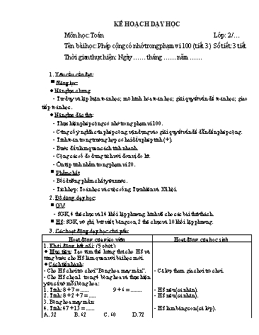 Giáo án Toán Lớp 2 (Chân trời sáng tạo) - Tuần 12, Bài: Phép cộng có nhớ trong phạm vi 100 (Tiết 3)