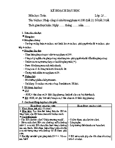 Giáo án Toán Lớp 2 (Chân trời sáng tạo) - Tuần 12, Bài: Phép cộng có nhớ trong phạm vi 100 (Tiết 2)