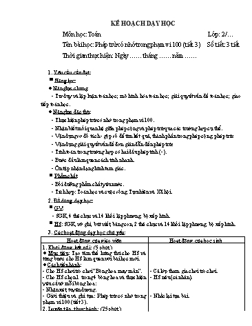 Giáo án Toán Lớp 2 (Chân trời sáng tạo) - Tuần 13, Bài: Phép trừ có nhớ trong phạm vi 100 (Tiết 3)