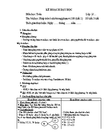 Giáo án Toán Lớp 2 (Chân trời sáng tạo) - Tuần 13, Bài: Phép trừ có nhớ trong phạm vi 100 (Tiết 1)