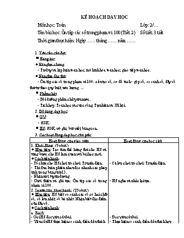 Giáo án Toán Lớp 2 (Chân trời sáng tạo) - Tuần 16, Bài: Ôn tập các số trong phạm vi 100 (Tiết 2)