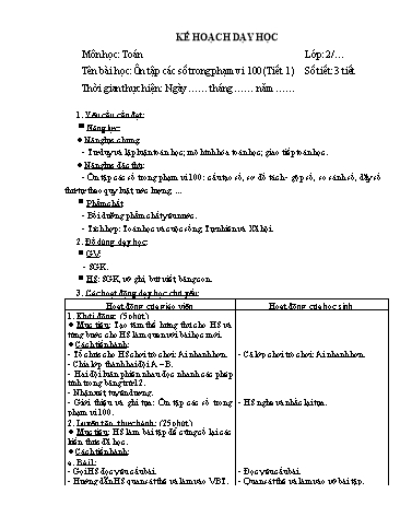 Giáo án Toán Lớp 2 (Chân trời sáng tạo) - Tuần 16, Bài: Ôn tập các số trong phạm vi 100 (Tiết 1)