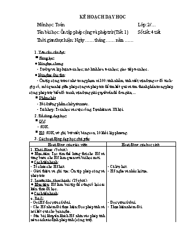 Giáo án Toán Lớp 2 (Chân trời sáng tạo) - Tuần 17, Bài: Ôn tập phép cộng và phép trừ (Tiết 1)