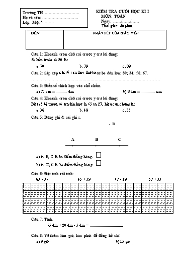 Giáo án Toán Lớp 2 (Chân trời sáng tạo) - Tuần 18, Bài: Kiểm tra cuối học kì I