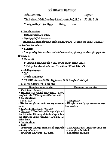 Giáo án Toán Lớp 2 (Chân trời sáng tạo) - Tuần 2, Bài: Nhiều hơn hay ít hơn bao nhiêu (Tiết 2)