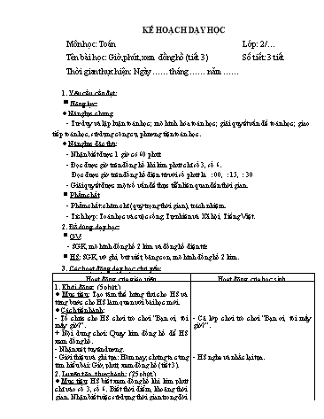 Giáo án Toán Lớp 2 (Chân trời sáng tạo) - Tuần 22, Bài: Giờ, phút, xem đồng hồ (Tiết 3)