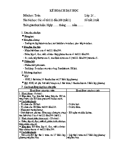 Giáo án Toán Lớp 2 (Chân trời sáng tạo) - Tuần 24, Bài: Các số từ 111 đến 200 (Tiết 1)