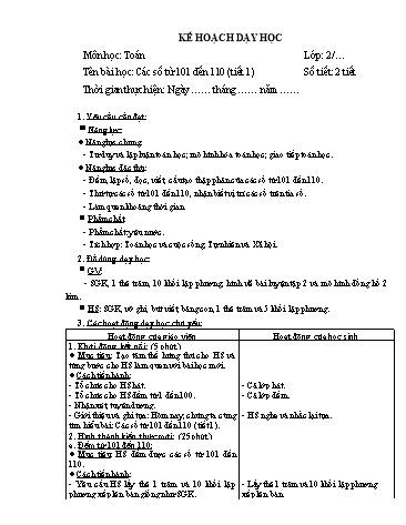 Giáo án Toán Lớp 2 (Chân trời sáng tạo) - Tuần 24, Bài: Các số từ 101 đến 110 (Tiết 1)