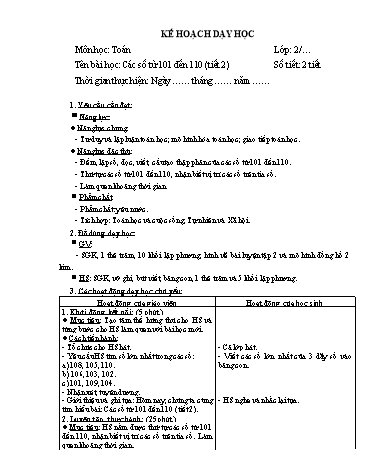 Giáo án Toán Lớp 2 (Chân trời sáng tạo) - Tuần 24, Bài: Các số từ 101 đến 110 (Tiết 2)