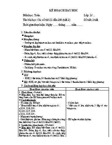 Giáo án Toán Lớp 2 (Chân trời sáng tạo) - Tuần 25, Bài: Các số từ 111 đến 200 (Tiết 2)