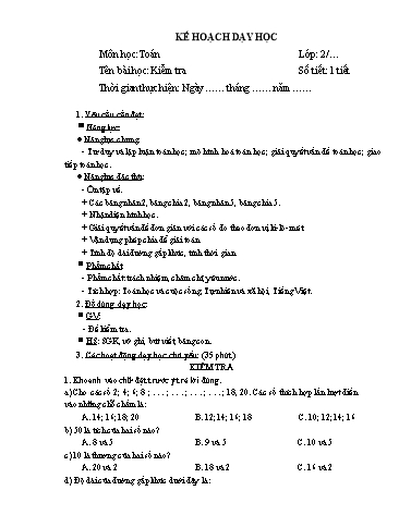 Giáo án Toán Lớp 2 (Chân trời sáng tạo) - Tuần 29, Bài: Kiểm tra