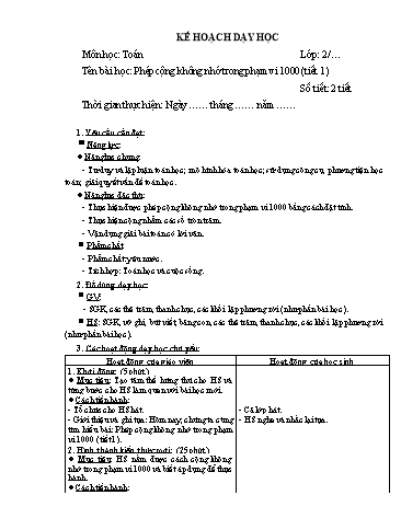 Giáo án Toán Lớp 2 (Chân trời sáng tạo) - Tuần 29, Bài: Phép cộng không nhớ trong phạm vi 1000 (Tiết 1)