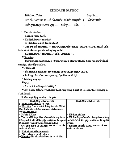 Giáo án Toán Lớp 2 (Chân trời sáng tạo) - Tuần 3, Bài: Tia số. Số liền trước, số liền sau (Tiết 1)