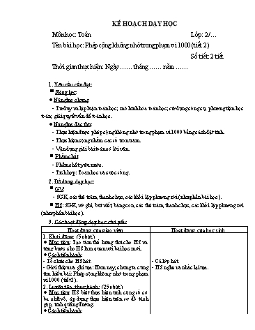 Giáo án Toán Lớp 2 (Chân trời sáng tạo) - Tuần 30, Bài: Phép cộng không nhớ trong phạm vi 1000 (Tiết 2)