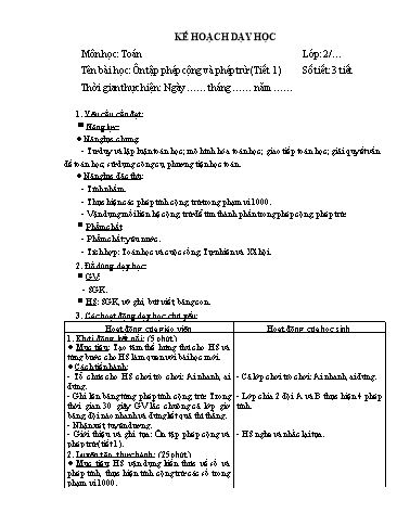 Giáo án Toán Lớp 2 (Chân trời sáng tạo) - Tuần 33, Bài: Ôn tập phép cộng và phép trừ (Tiết 1)