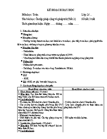 Giáo án Toán Lớp 2 (Chân trời sáng tạo) - Tuần 33, Bài: Ôn tập phép cộng và phép trừ (Tiết 2)