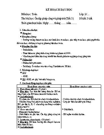 Giáo án Toán Lớp 2 (Chân trời sáng tạo) - Tuần 34, Bài: Ôn tập phép cộng và phép trừ (Tiết 3)