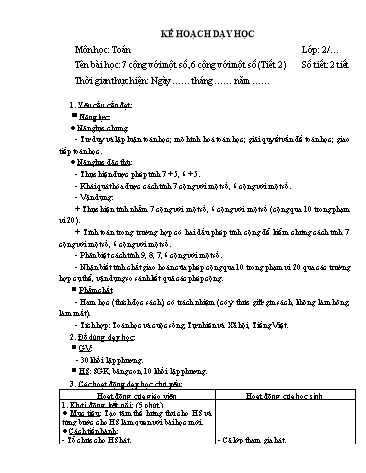 Giáo án Toán Lớp 2 (Chân trời sáng tạo) - Tuần 5, Bài: 7 cộng với một số, 6 cộng với một số (Tiết 2)