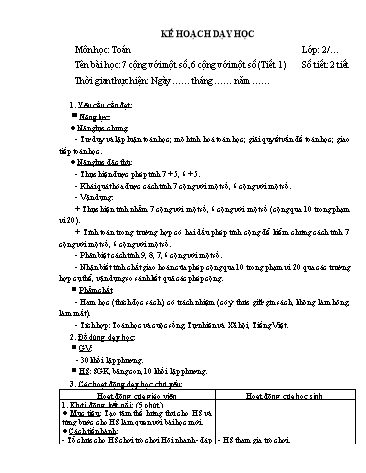 Giáo án Toán Lớp 2 (Chân trời sáng tạo) - Tuần 5, Bài: 7 cộng với một số, 6 cộng với một số (Tiết 1)