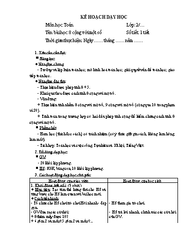 Giáo án Toán Lớp 2 (Chân trời sáng tạo) - Tuần 5, Bài: 8 cộng với một số