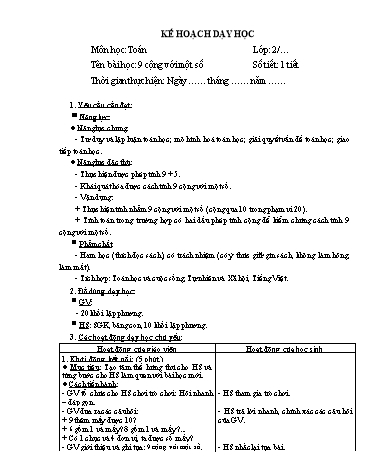Giáo án Toán Lớp 2 (Chân trời sáng tạo) - Tuần 5, Bài: 9 cộng với một số