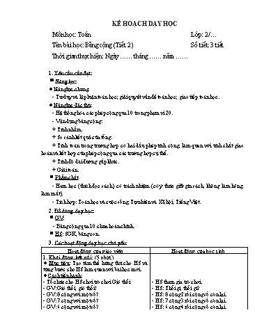 Giáo án Toán Lớp 2 (Chân trời sáng tạo) - Tuần 6, Bài: Bảng cộng (Tiết 2)