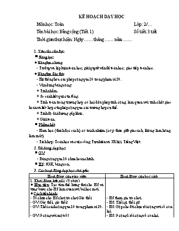 Giáo án Toán Lớp 2 (Chân trời sáng tạo) - Tuần 6, Bài: Bảng cộng (Tiết 1)