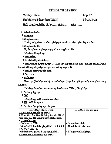 Giáo án Toán Lớp 2 (Chân trời sáng tạo) - Tuần 6, Bài: Bảng cộng (Tiết 3)