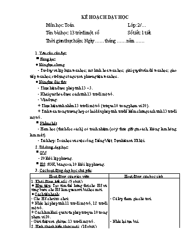 Giáo án Toán Lớp 2 (Chân trời sáng tạo) - Tuần 8, Bài: 13 trừ đi một số