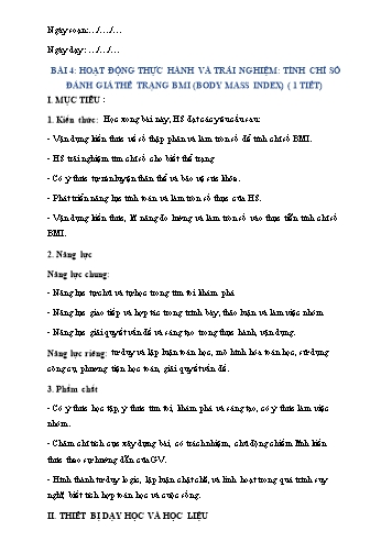 Giáo án Toán Lớp 7 (Chân trời sáng tạo) - Chương 2, Bài 4: Hoạt động thực hành và trải nghiệm Tính chỉ số đánh giá thể trạng BMI (Body mass index)