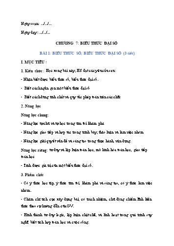 Giáo án Toán Lớp 7 (Chân trời sáng tạo) - Chương 7, Bài 1: Biểu thức số, biểu thức đại số