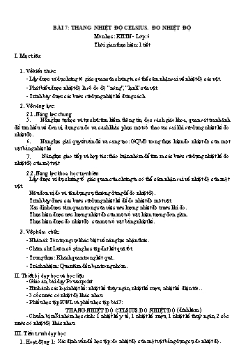 Giáo án Khoa học tự nhiên Lớp 6 (Chân trời sáng tạo) - Bài 7: Thang nhiệt độ Celsius. Đo nhiệt độ