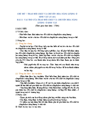 Giáo án Khoa học tự nhiên Lớp 7 (Chân trời sáng tạo) - Bài 22: Vai trò của trao đổi chất và chuyển hoá năng lượng ở sinh vật