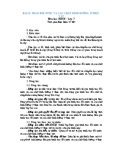 Giáo án Khoa học tự nhiên Lớp 7 (Chân trời sáng tạo) - Bài 29: Trao đổi nước và các chất dinh dưỡng ở thực vật
