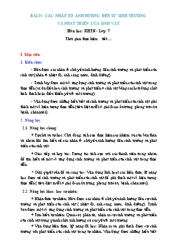 Giáo án Khoa học tự nhiên Lớp 7 (Chân trời sáng tạo) - Bài 35: Các nhân tố ảnh hưởng đến sinh trưởng và phát triển của sinh vật