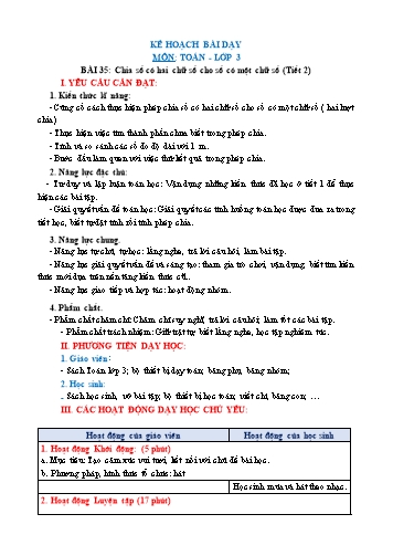 Giáo án Toán Lớp 3 (Chân trời sáng tạo) - Tuần 10, Bài: Chia số có hai chữ số cho số có một chữ số (Tiết 2)