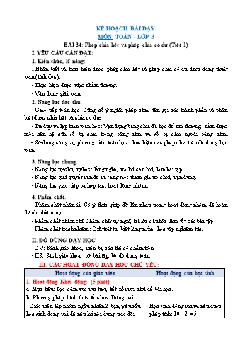 Giáo án Toán Lớp 3 (Chân trời sáng tạo) - Tuần 10, Bài: Phép chia hết và phép chia có dư (Tiết 1)