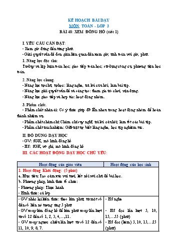 Giáo án Toán Lớp 3 (Chân trời sáng tạo) - Tuần 13, Bài: Xem đồng hồ (Tiết 1)