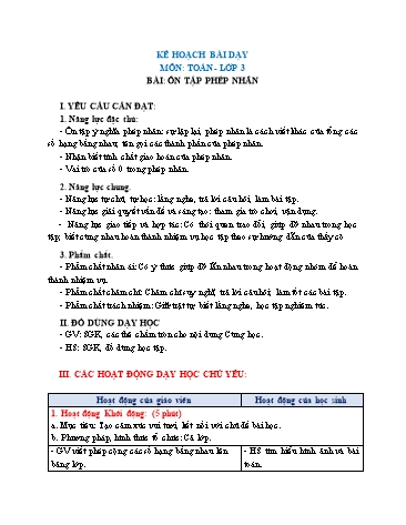 Giáo án Toán Lớp 3 (Chân trời sáng tạo) - Tuần 2, Bài: Ôn tập phép nhân