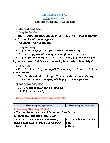 Giáo án Toán Lớp 3 (Chân trời sáng tạo) - Tuần 2, Bài: Tìm số bị trừ, tìm số trừ