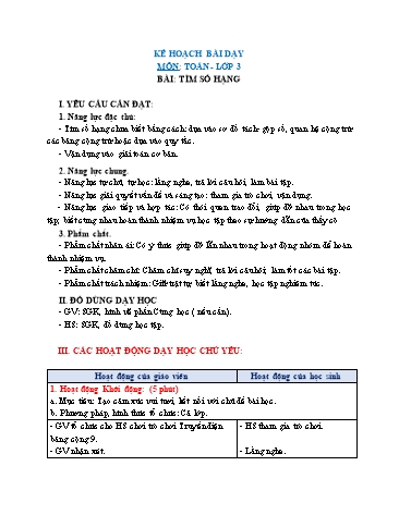 Giáo án Toán Lớp 3 (Chân trời sáng tạo) - Tuần 2, Bài: Tìm số hạng