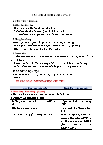 Giáo án Toán Lớp 3 (Chân trời sáng tạo) - Tuần 25, Bài: Chu vi hình vuông (Tiết 1)